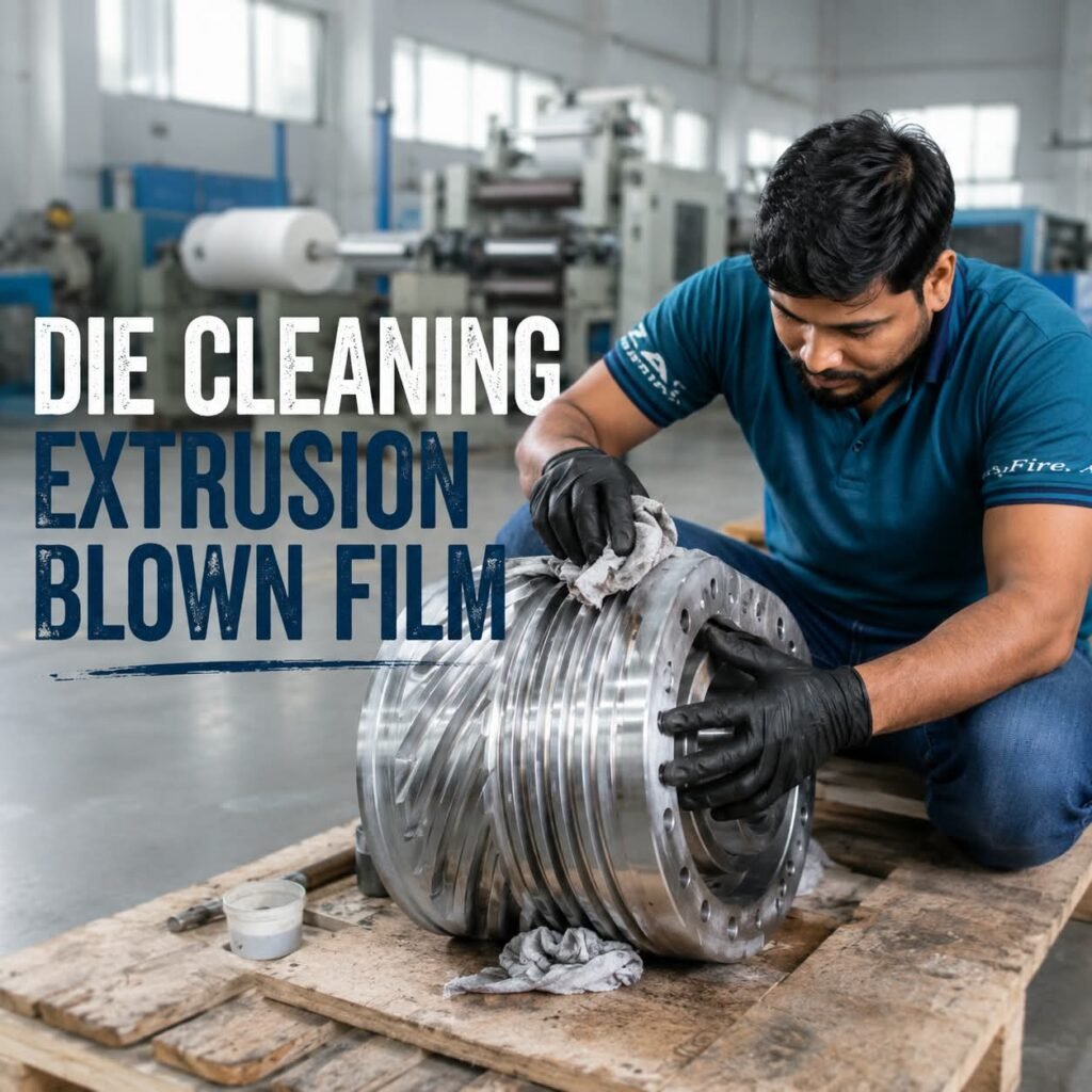 Technician cleaning an extrusion blown film die